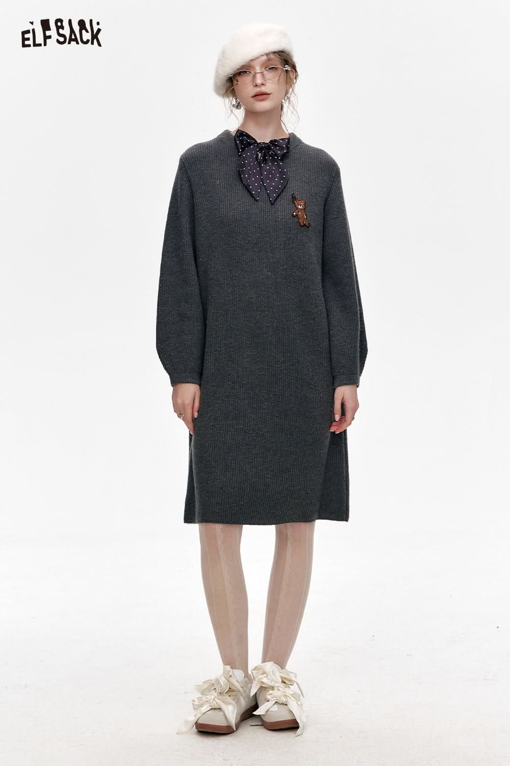 ELFSACK Preppy Style Knitted V-neck Straight Dress With Scarf And Bear Patch