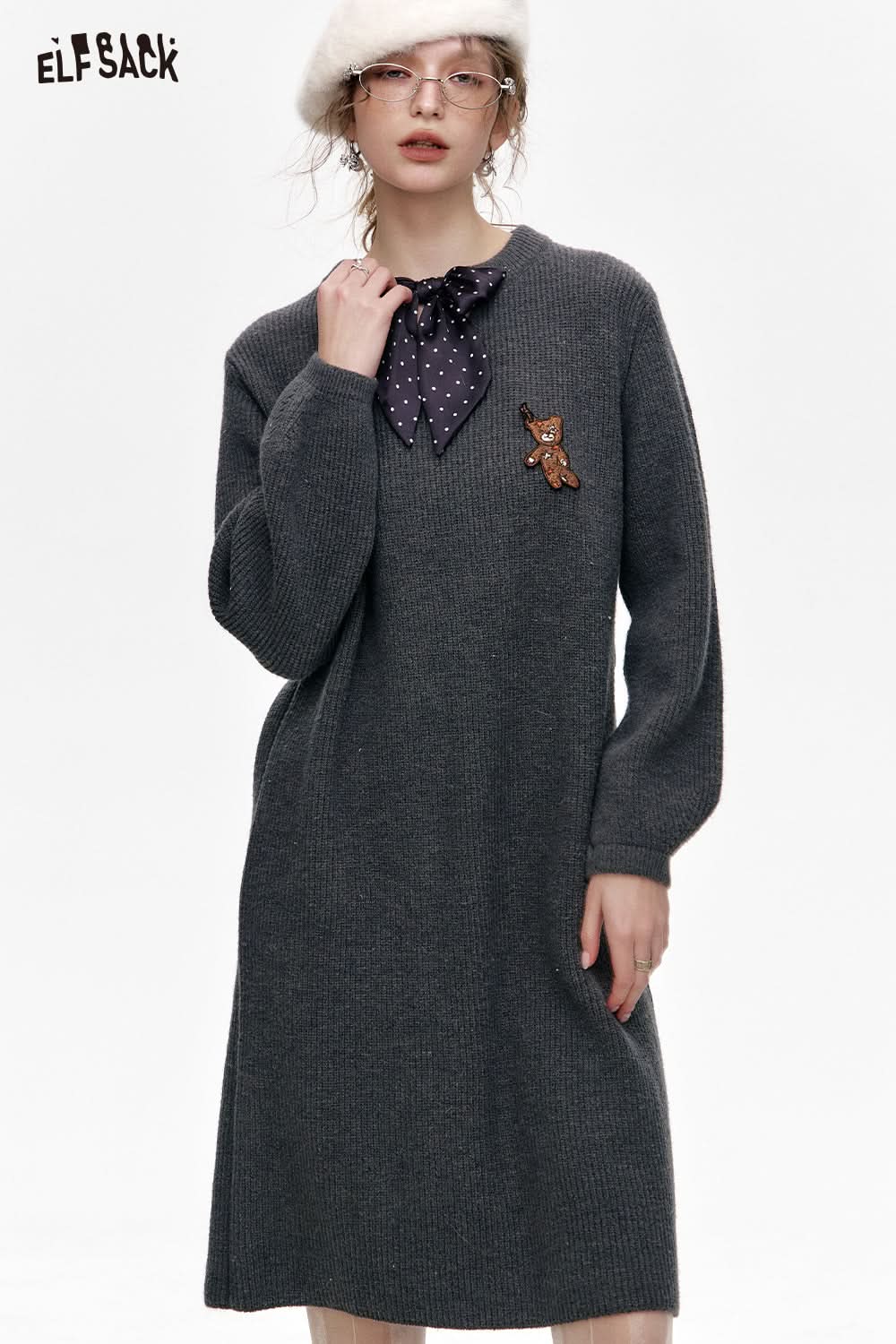 ELFSACK Preppy Style Knitted V-neck Straight Dress With Scarf And Bear Patch