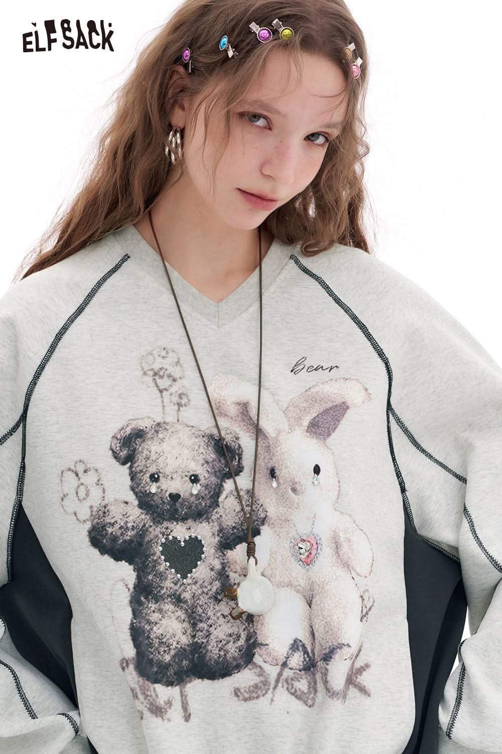 ELFSACK Layered Lace Stitching Sweatshirt Cartoon Print Dress Female Puffy Ruffled Skirt