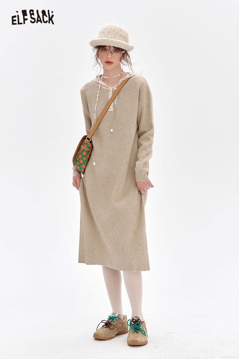 ELFSACK Sweet lace stitching hooded knitted dress