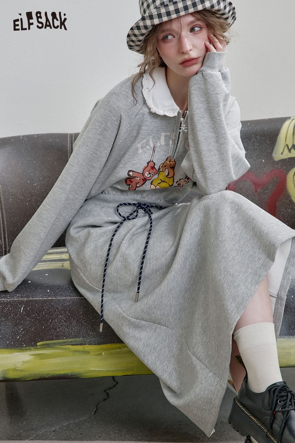 ELFSACK Grey Lapel Bear Print Half Zipper Sweatshirt Dress Women's Sports Casual Drawstring Dress