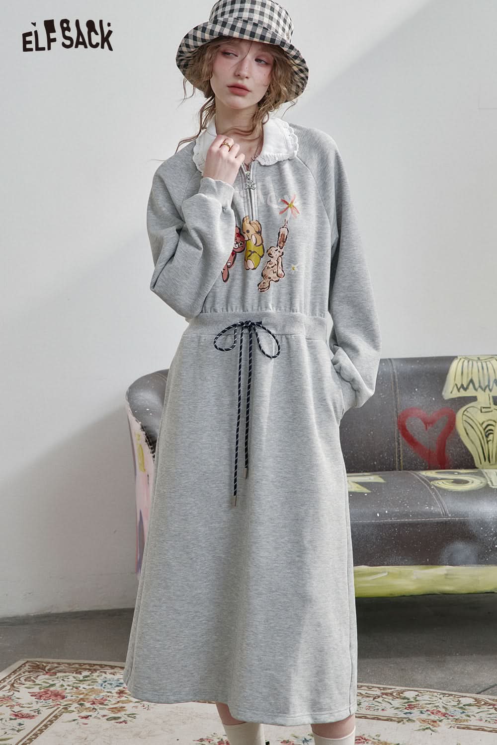 ELFSACK Grey Lapel Bear Print Half Zipper Sweatshirt Dress Women's Sports Casual Drawstring Dress