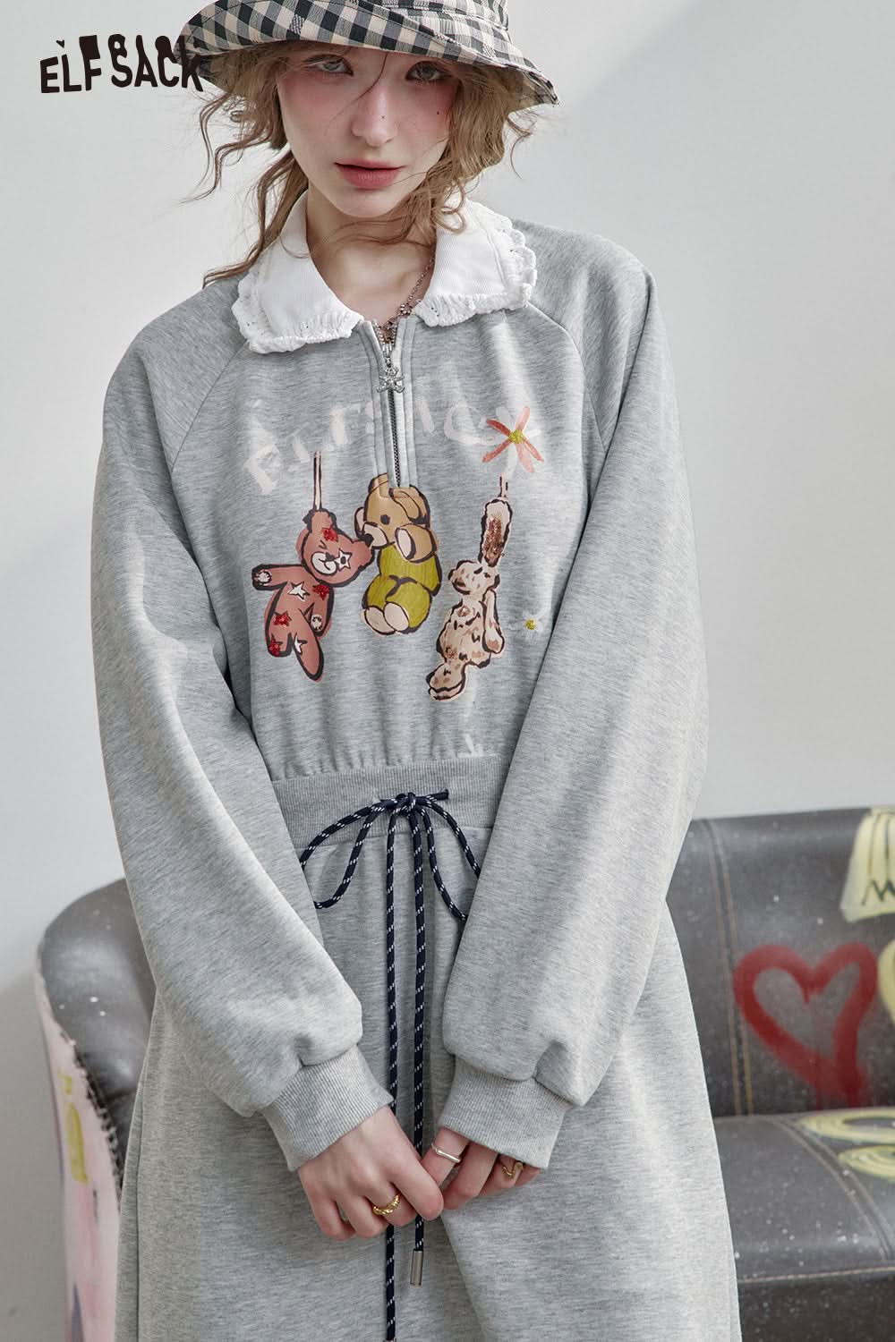 ELFSACK Grey Lapel Bear Print Half Zipper Sweatshirt Dress Women's Sports Casual Drawstring Dress