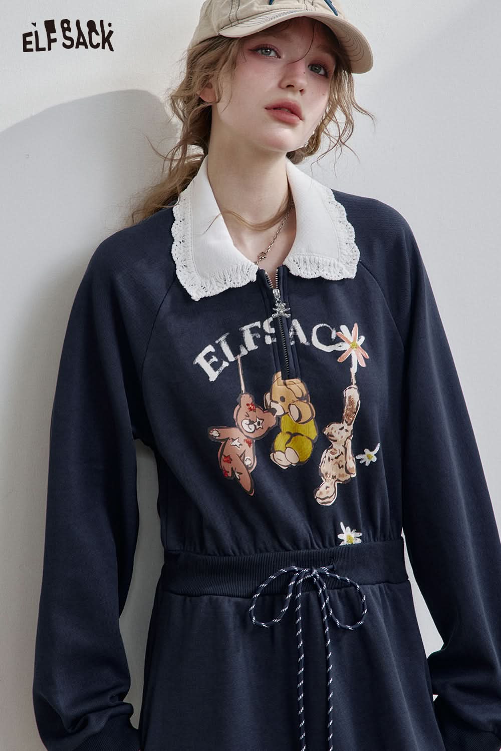 ELFSACK Grey Lapel Bear Print Half Zipper Sweatshirt Dress Women's Sports Casual Drawstring Dress