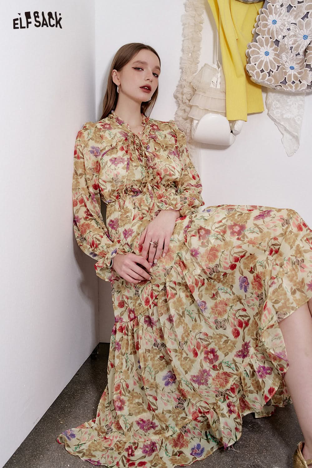 ELFSACK French V-neck ruffled pleated floral dress Vacation elegant long-sleeved dress