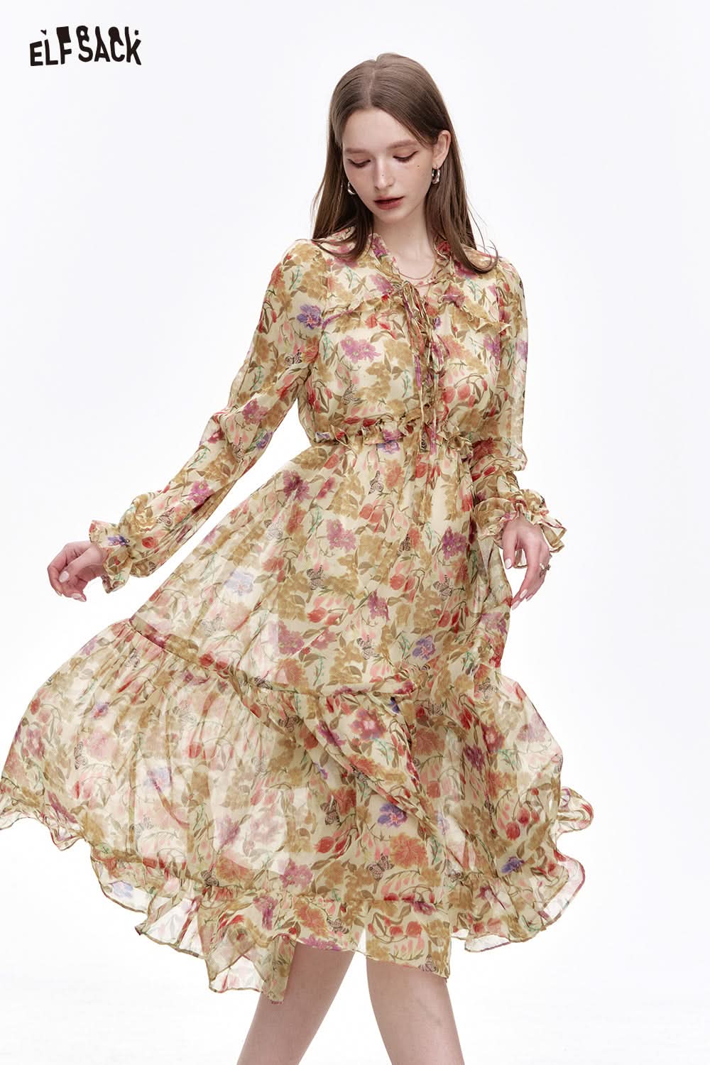 ELFSACK French V-neck ruffled pleated floral dress Vacation elegant long-sleeved dress