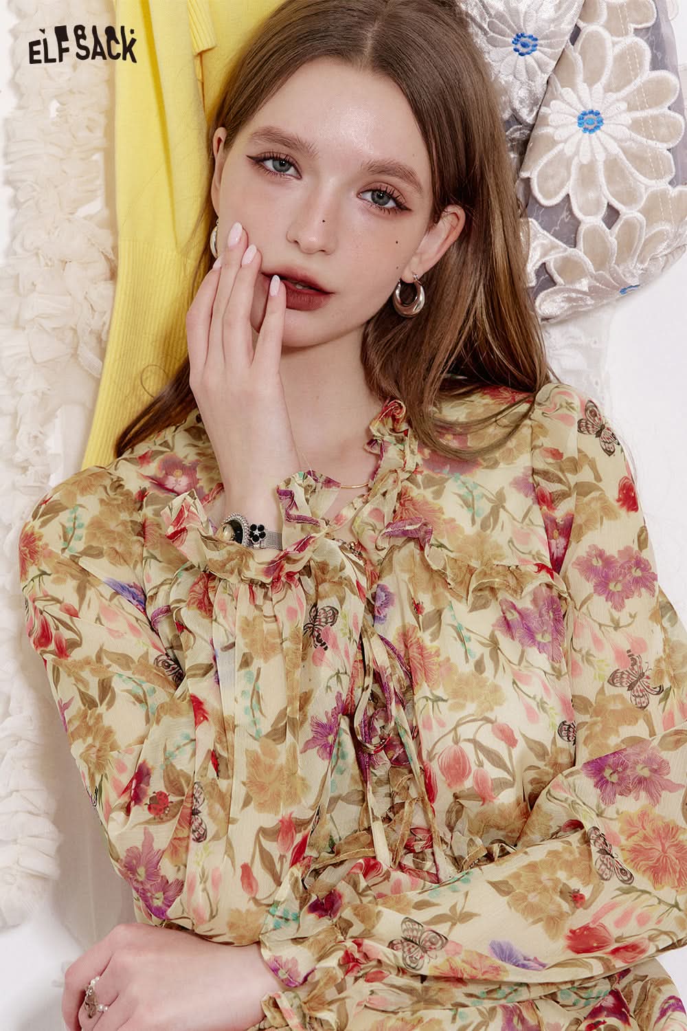 ELFSACK French V-neck ruffled pleated floral dress Vacation elegant long-sleeved dress