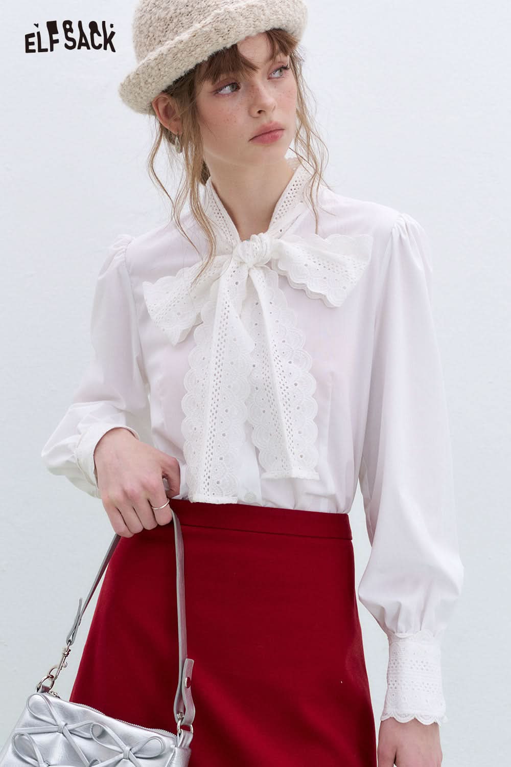 ELFSACK French lace bow tie white shirt Sweet long sleeve round neck top