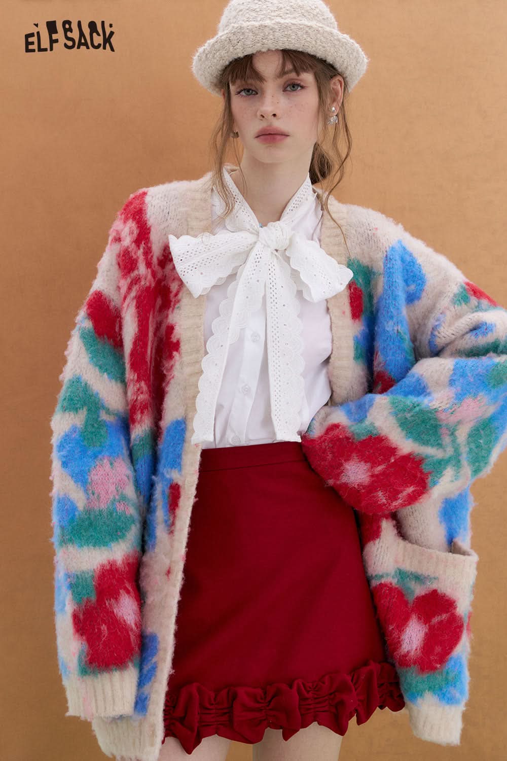 ELFSACK French lace bow tie white shirt Sweet long sleeve round neck top