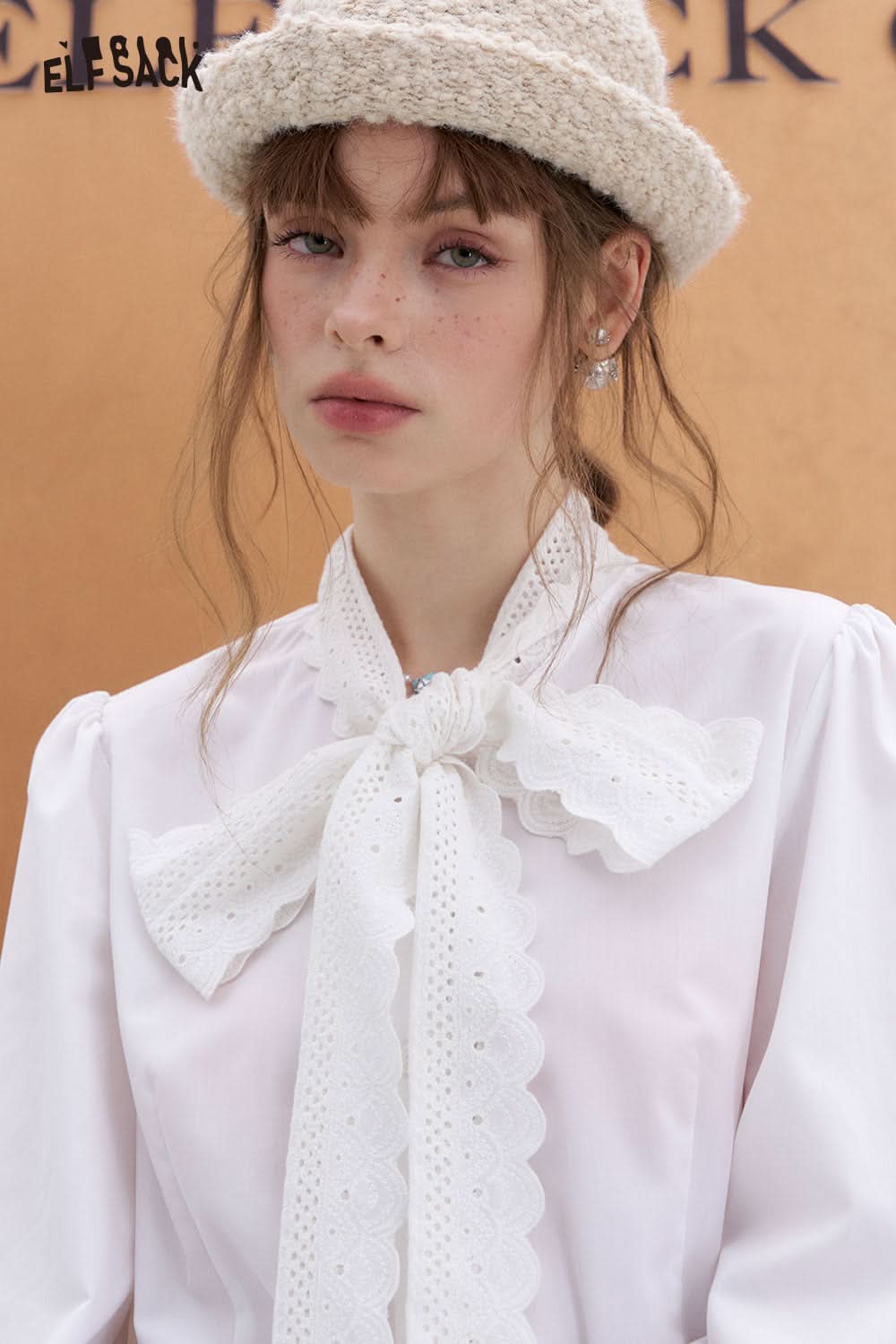 ELFSACK French lace bow tie white shirt Sweet long sleeve round neck top