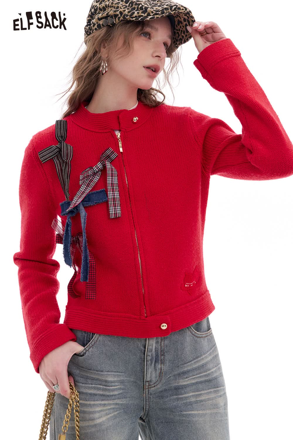ELFSACK Bowknot Zipper Red Long Sleeve Cardigan Sweater Women