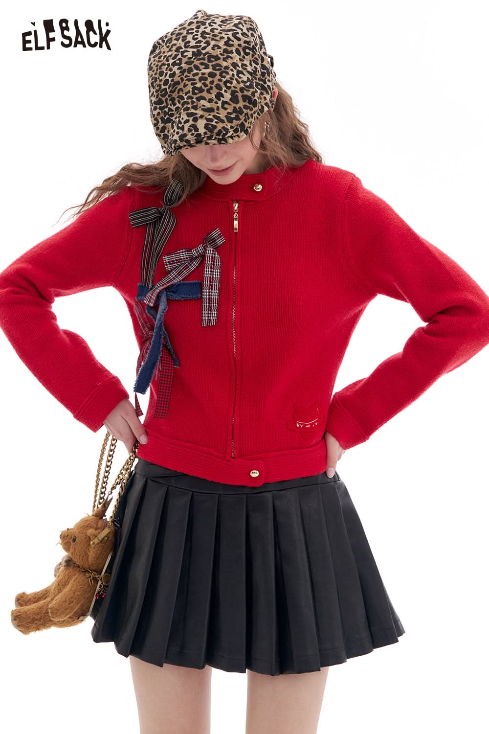 ELFSACK Bowknot Zipper Red Long Sleeve Cardigan Sweater Women