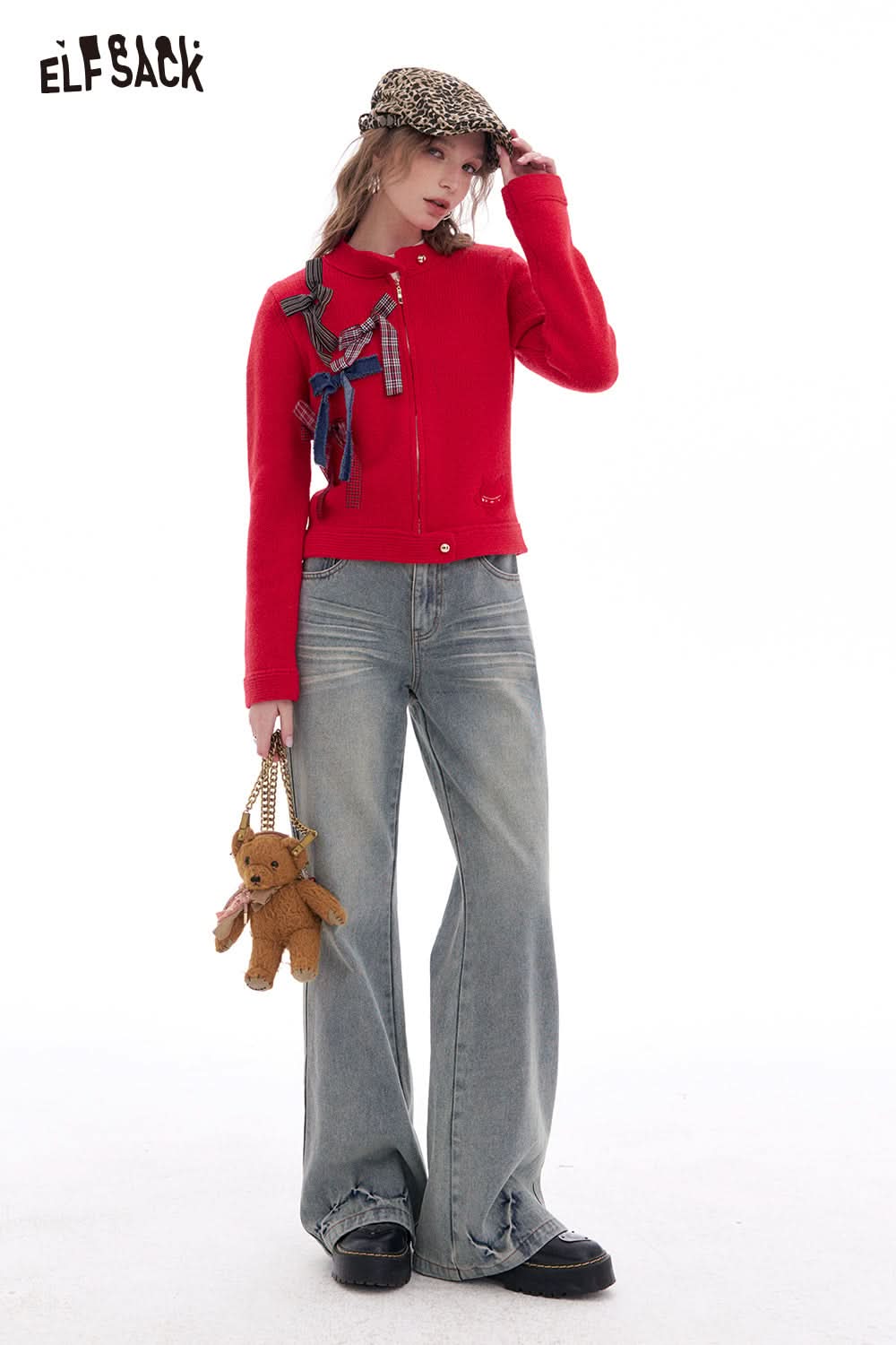 ELFSACK Bowknot Zipper Red Long Sleeve Cardigan Sweater Women