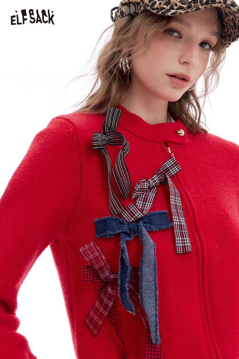 ELFSACK Bowknot Zipper Red Long Sleeve Cardigan Sweater Women