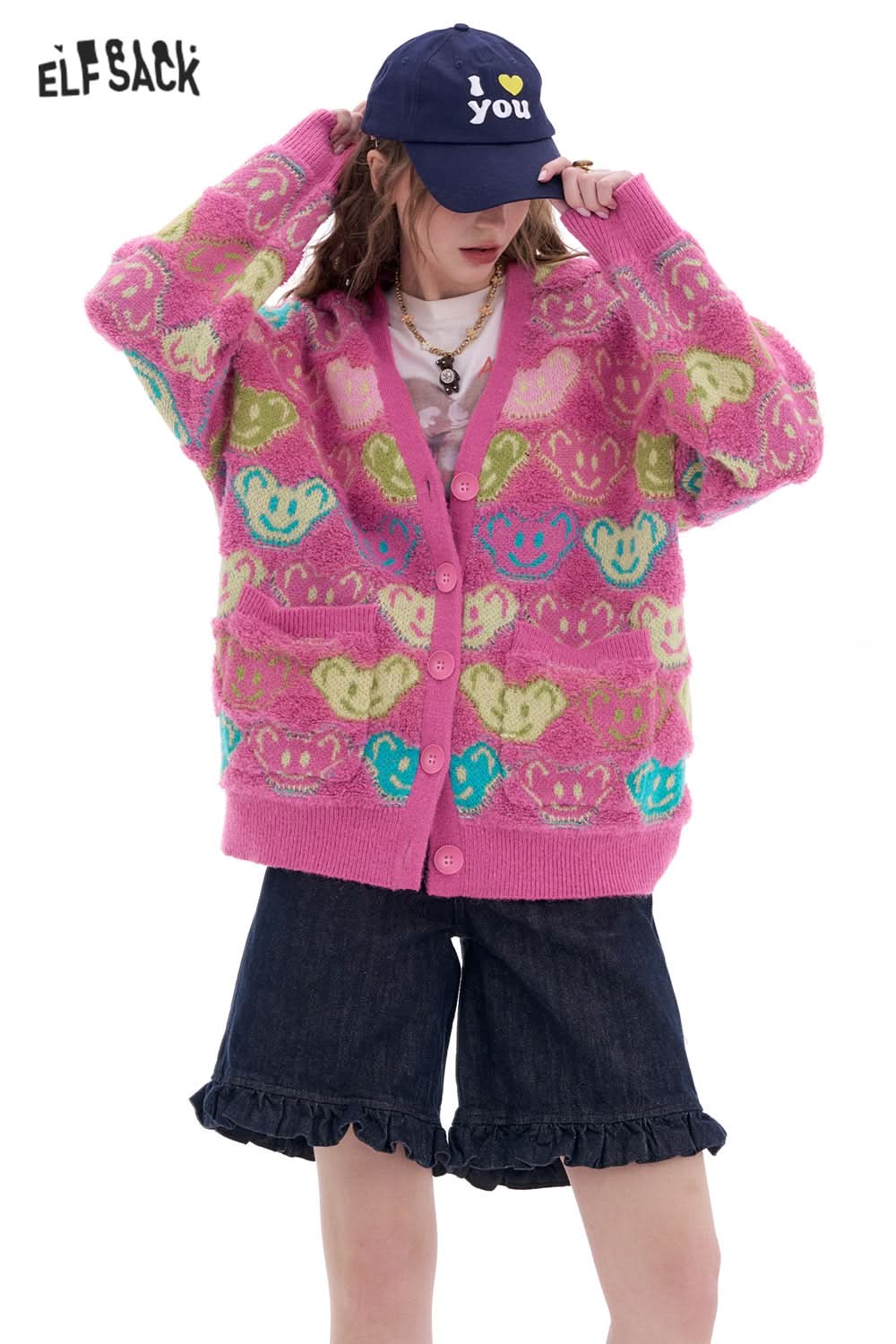 ELFSACK Sweet Cute Bear Smiley Face Pink Knitted Cardigan Women's V-neck Colorblock Sweater