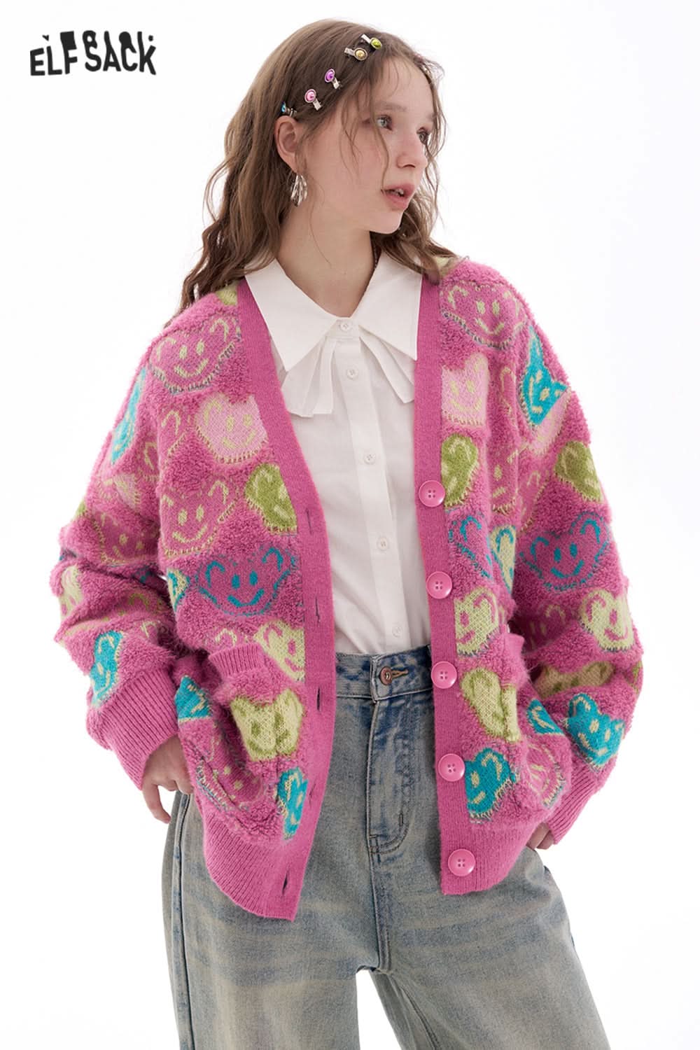 ELFSACK Sweet Cute Bear Smiley Face Pink Knitted Cardigan Women's V-neck Colorblock Sweater