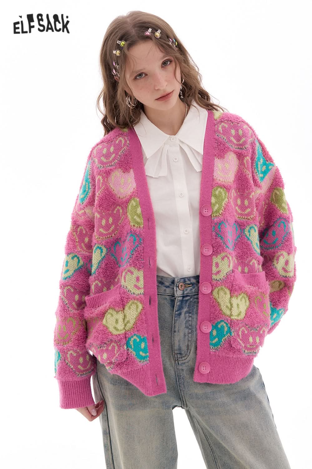 ELFSACK Sweet Cute Bear Smiley Face Pink Knitted Cardigan Women's V-neck Colorblock Sweater