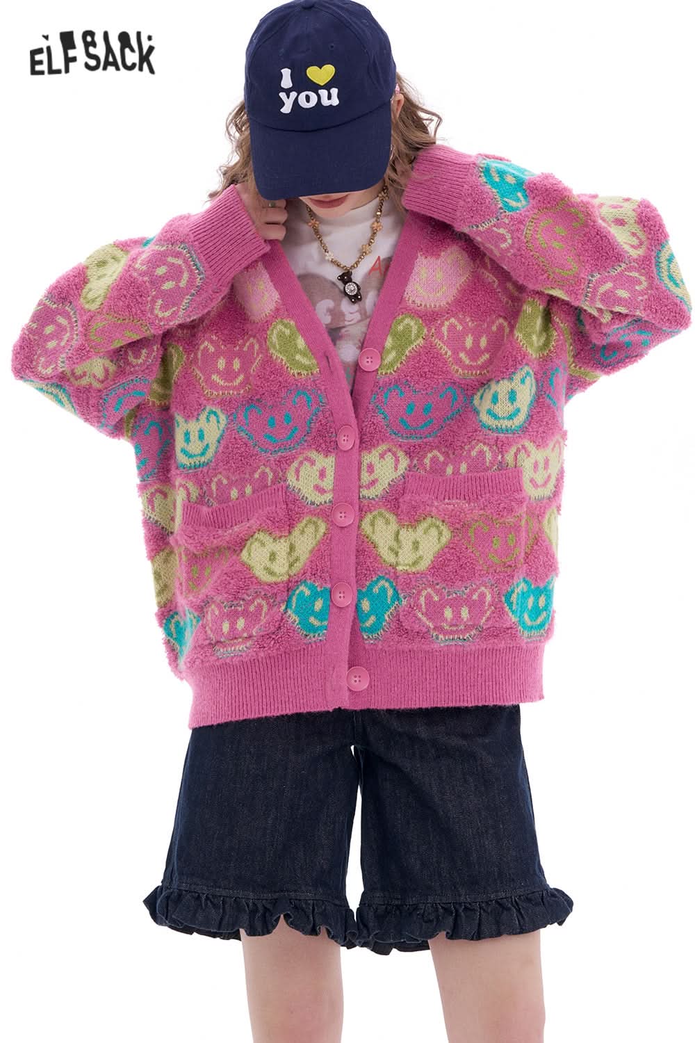 ELFSACK Sweet Cute Bear Smiley Face Pink Knitted Cardigan Women's V-neck Colorblock Sweater