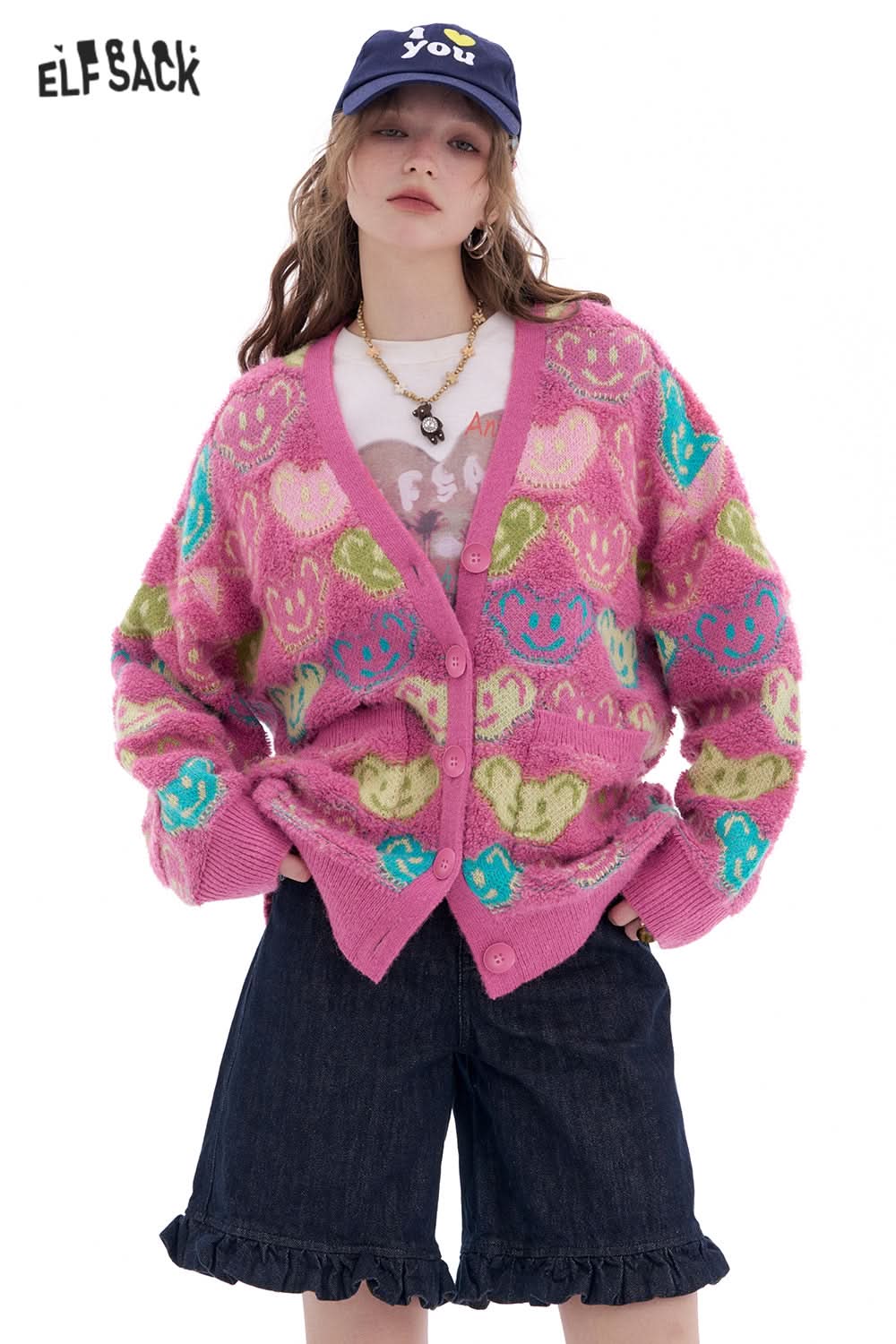 ELFSACK Sweet Cute Bear Smiley Face Pink Knitted Cardigan Women's V-neck Colorblock Sweater