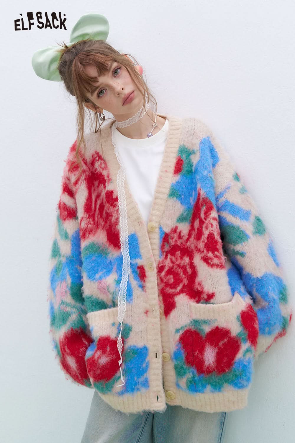 ELFSACK Sweet Goldfish Red Flower Jacquard Sweater Women V-Neck Buttons Wool Cardigan