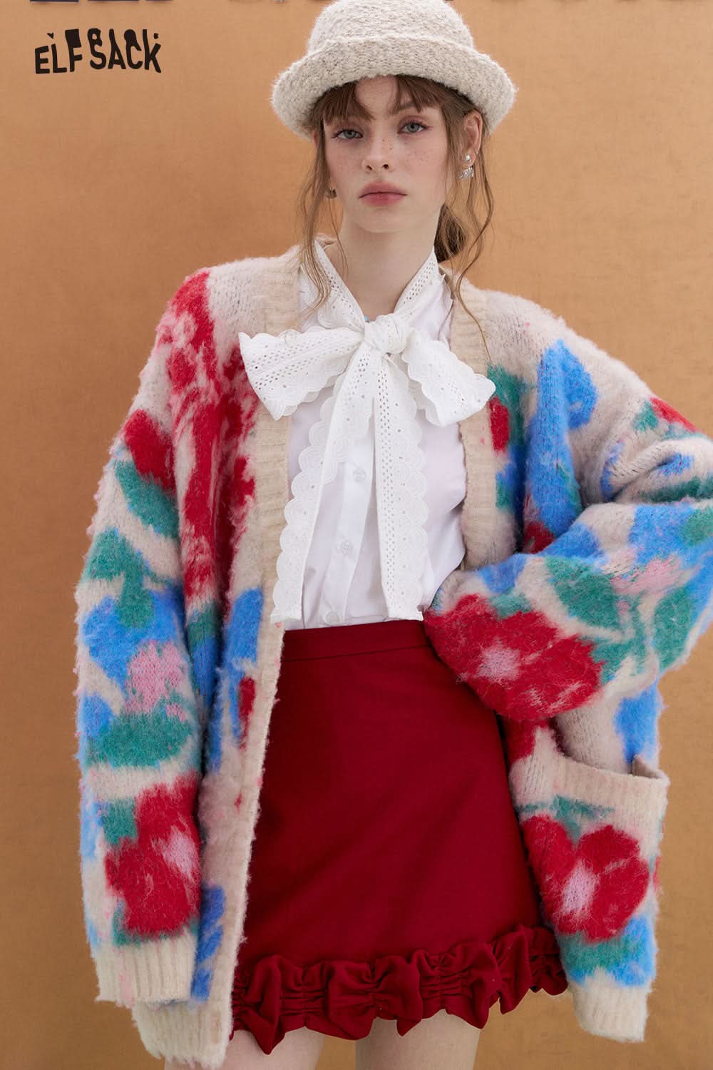 ELFSACK Sweet Goldfish Red Flower Jacquard Sweater Women V-Neck Buttons Wool Cardigan