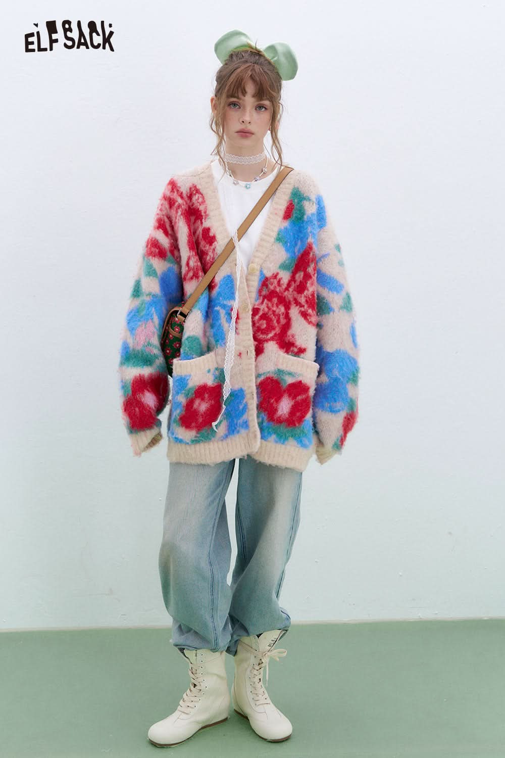 ELFSACK Sweet Goldfish Red Flower Jacquard Sweater Women V-Neck Buttons Wool Cardigan