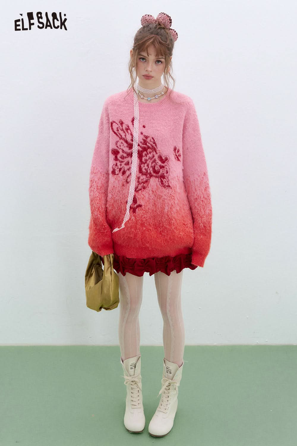ELFSACK Good Luck Goldfish Jacquard Sweater Women's Loose Year Gradient Red Knit Pullover