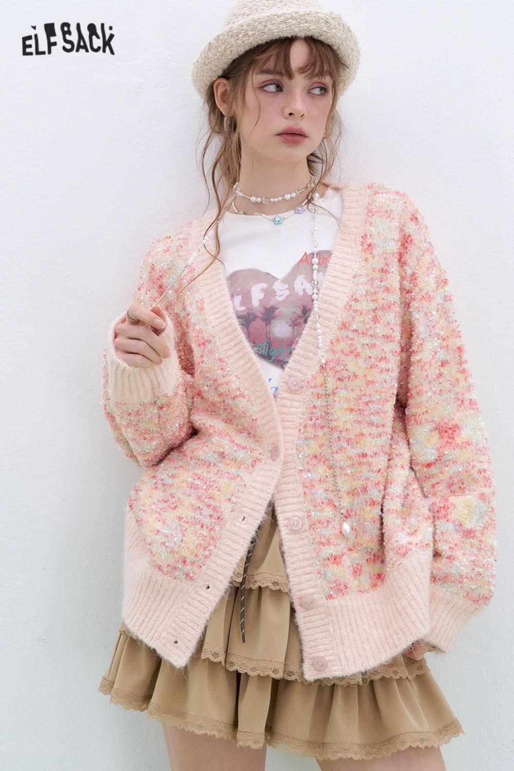 ELFSACK Sweet and cute V-neck knitted cardigan Korean style sweater