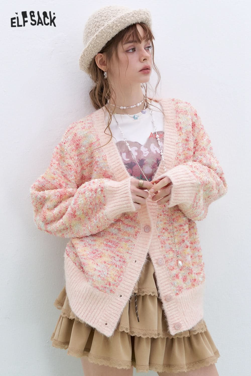 ELFSACK Sweet and cute V-neck knitted cardigan Korean style sweater