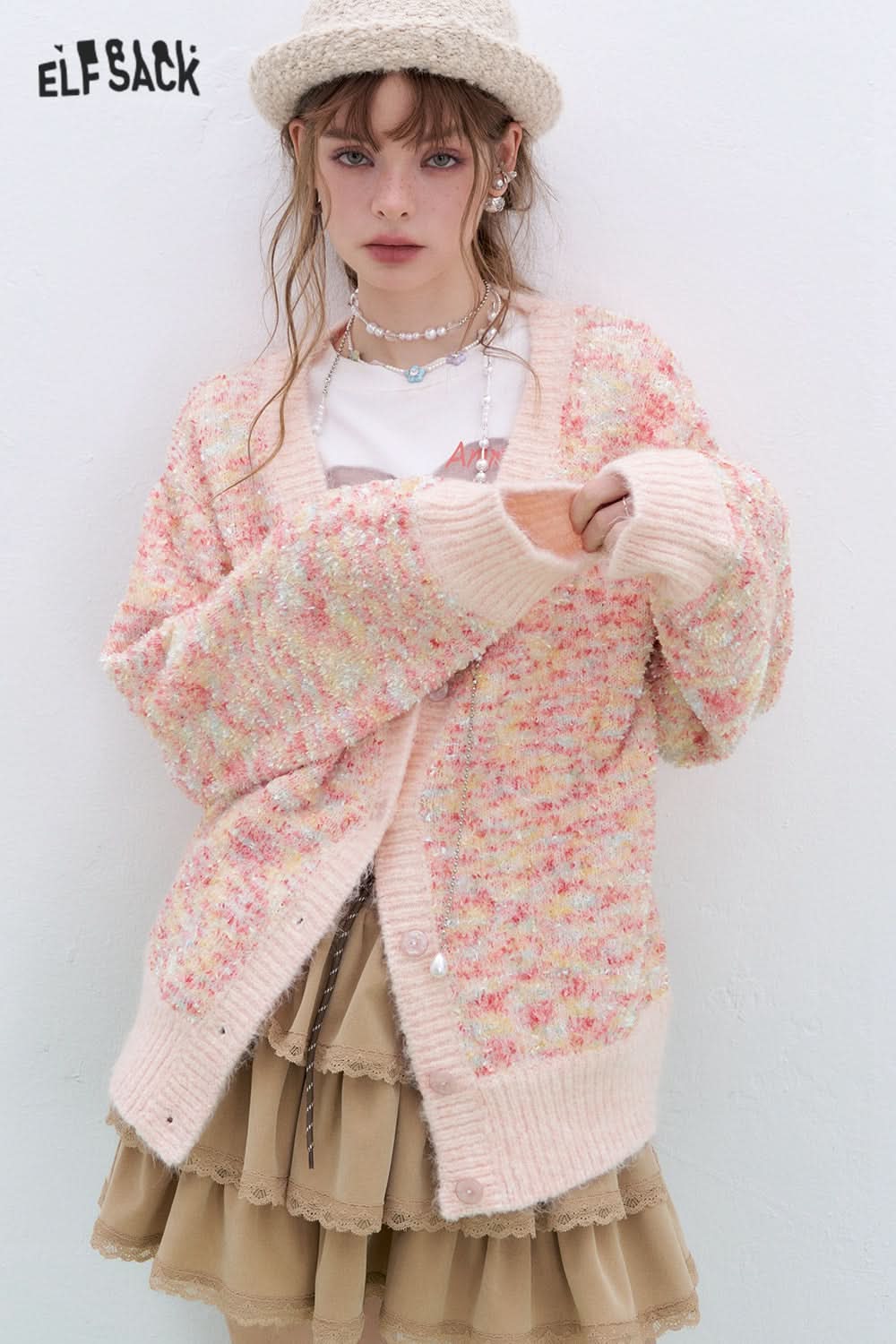 ELFSACK Sweet and cute V-neck knitted cardigan Korean style sweater