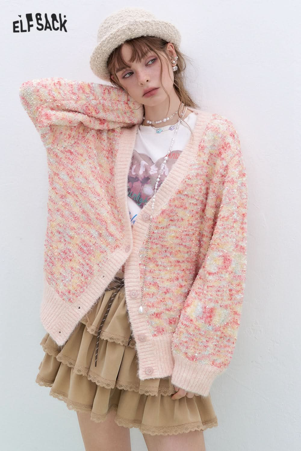 ELFSACK Sweet and cute V-neck knitted cardigan Korean style sweater