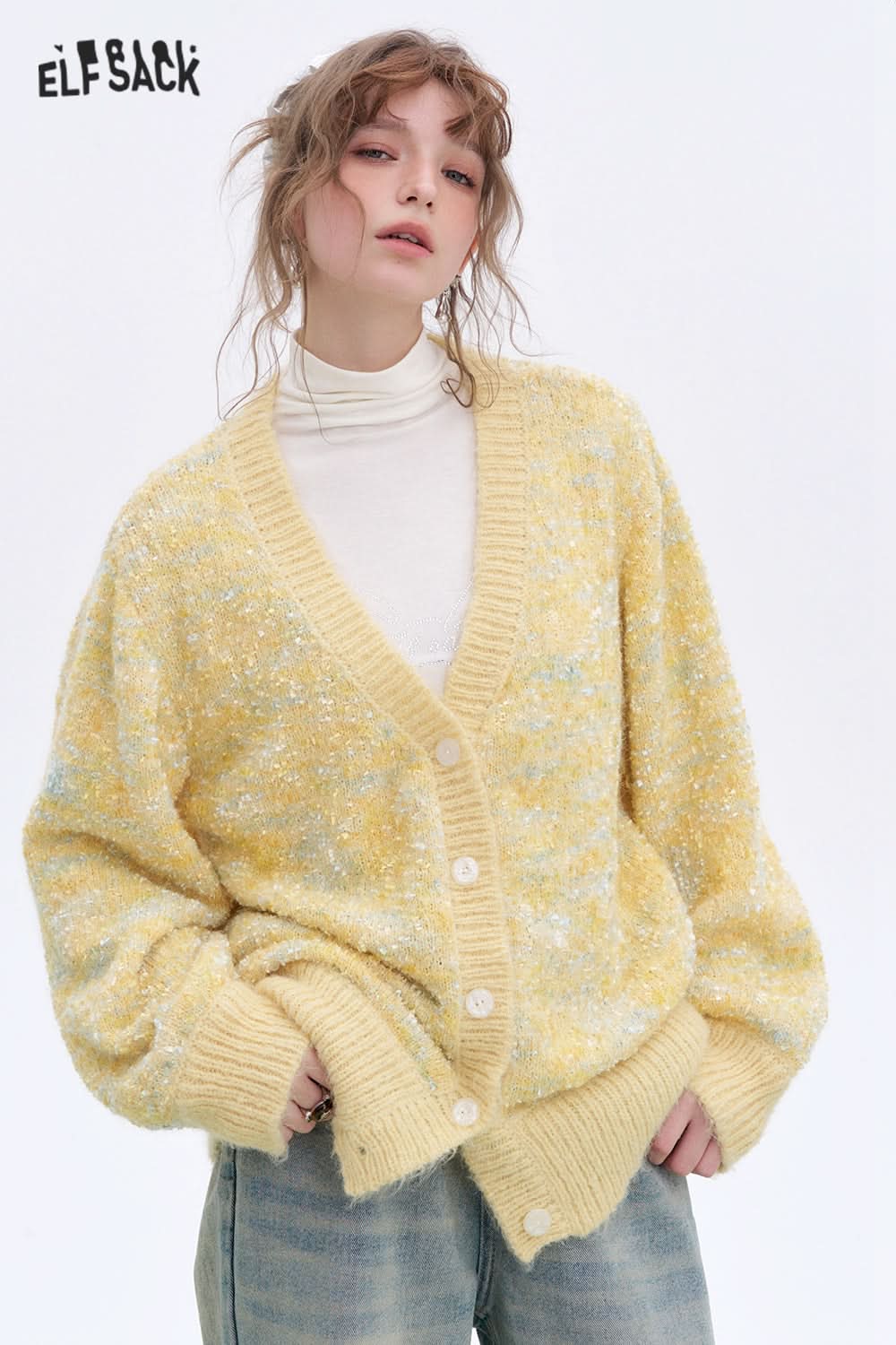 ELFSACK Sweet and cute V-neck knitted cardigan Korean style sweater