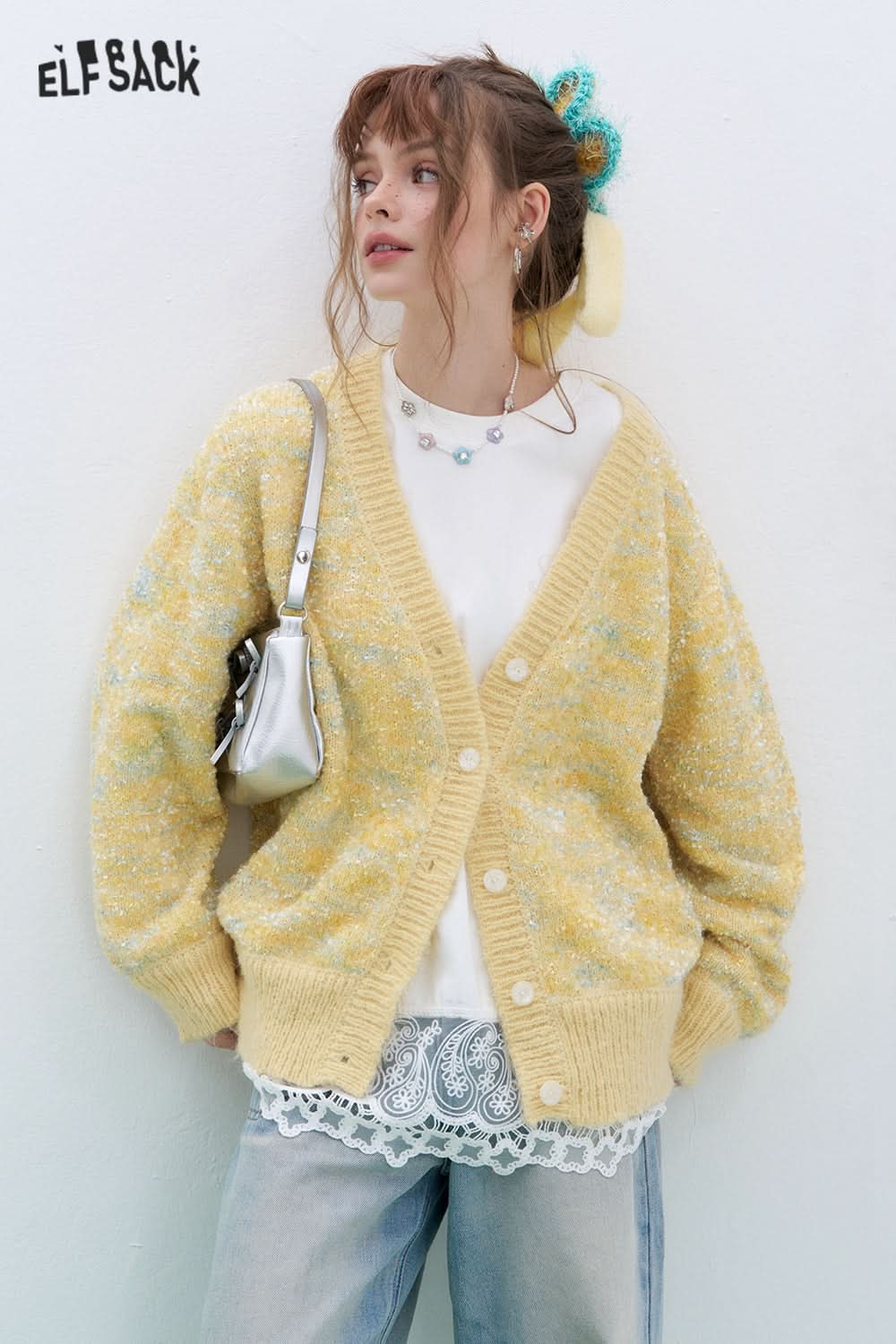 ELFSACK Sweet and cute V-neck knitted cardigan Korean style sweater