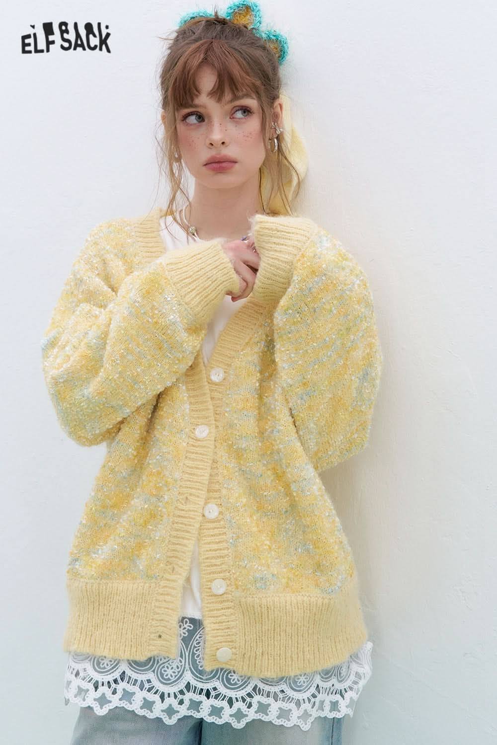 ELFSACK Sweet and cute V-neck knitted cardigan Korean style sweater