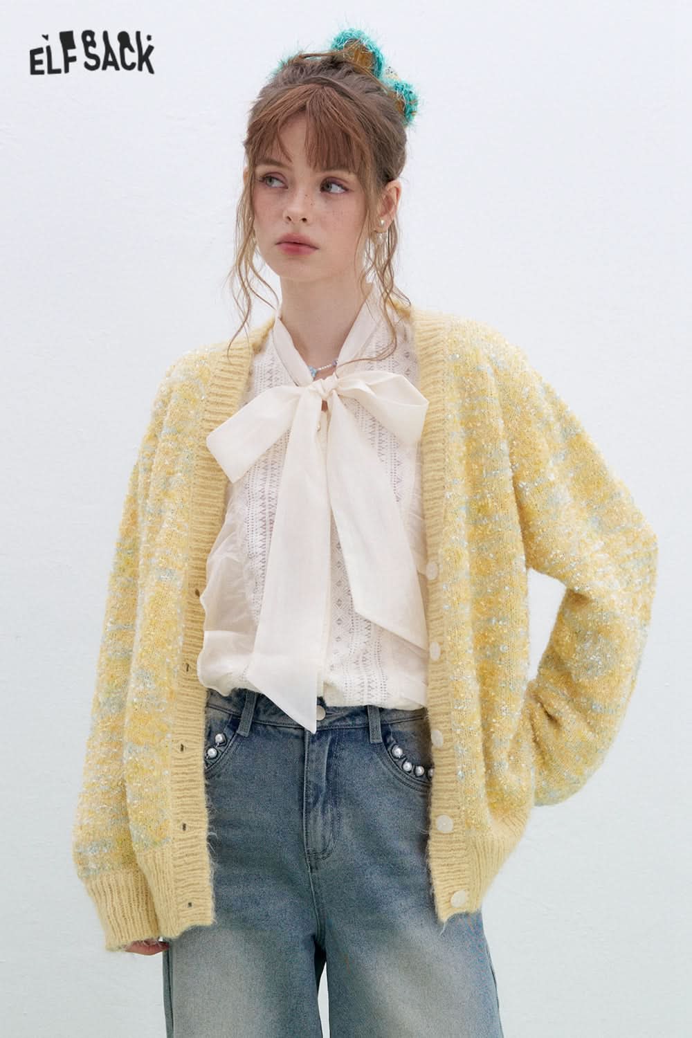 ELFSACK Sweet and cute V-neck knitted cardigan Korean style sweater