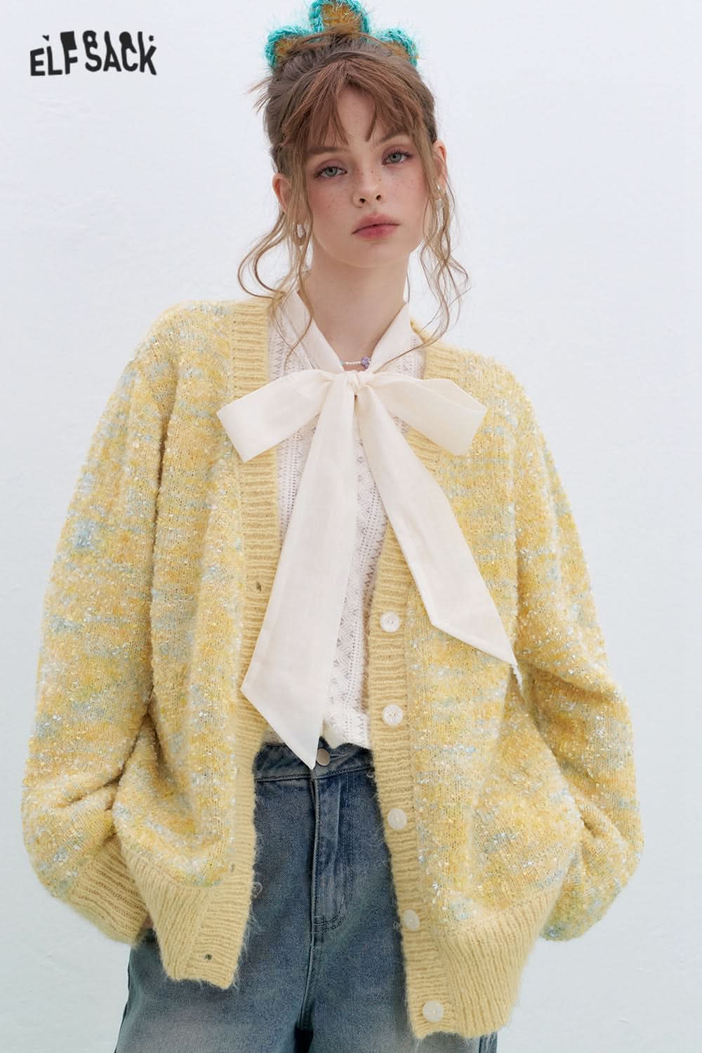 ELFSACK Sweet and cute V-neck knitted cardigan Korean style sweater