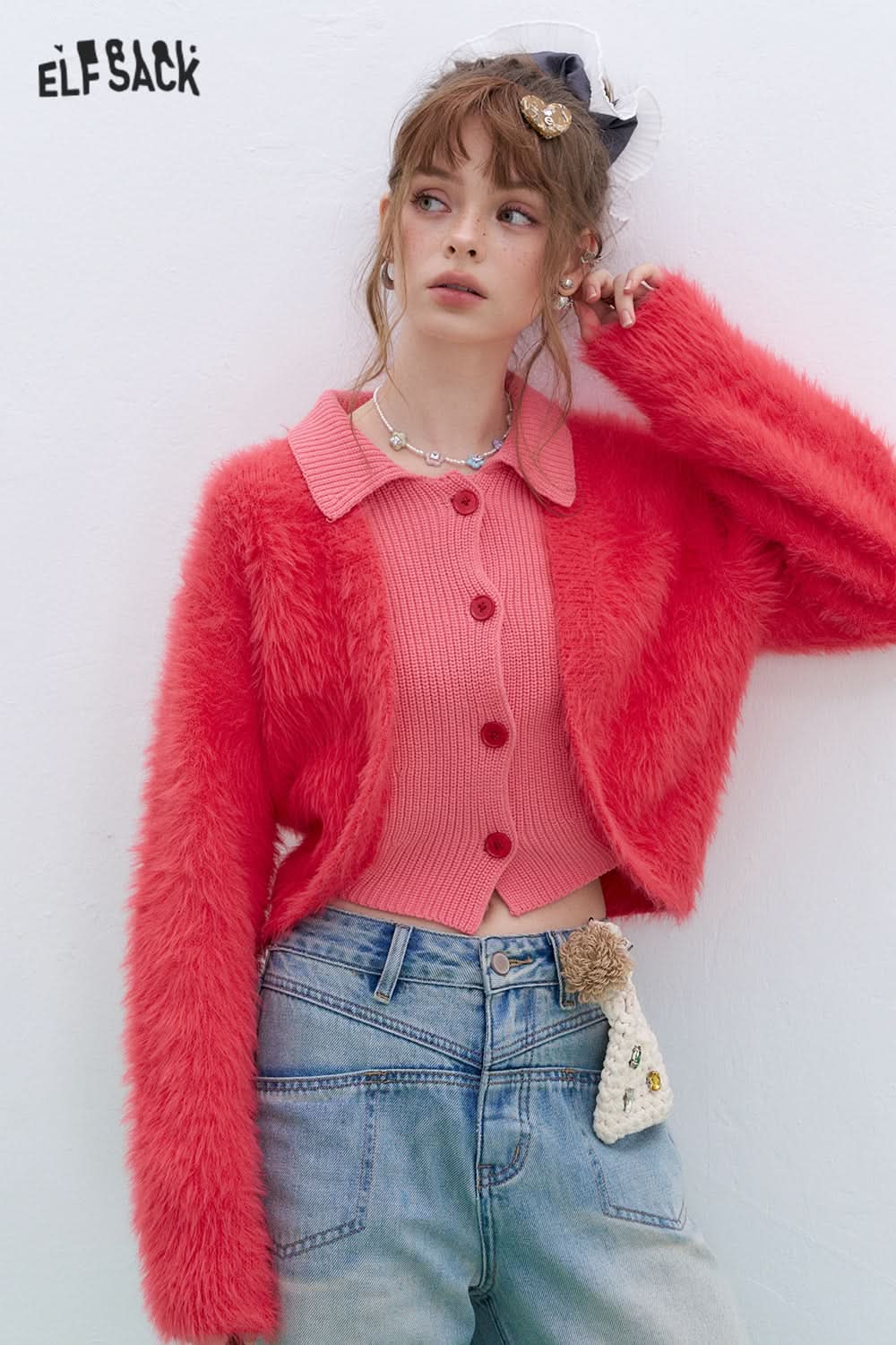 ELFSACK Y2K Plush stitching fake two-piece sweater red lapel short top
