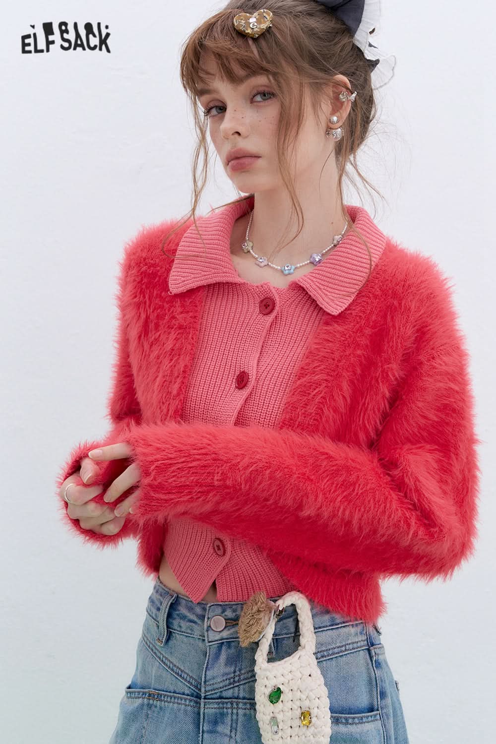 ELFSACK Y2K Plush stitching fake two-piece sweater red lapel short top