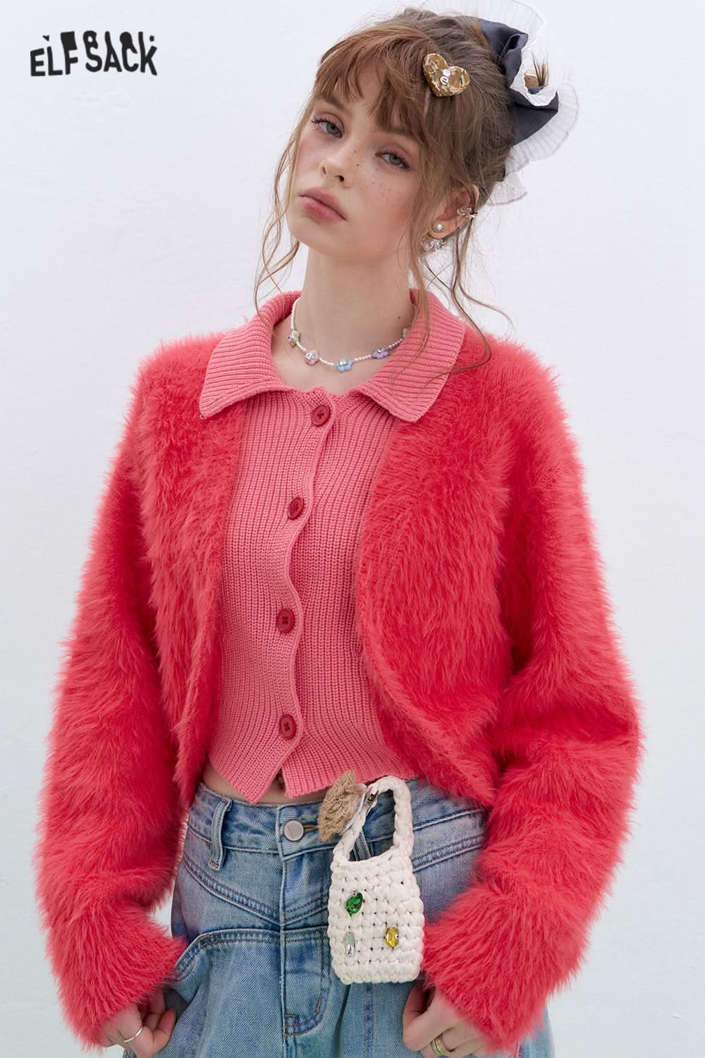 ELFSACK Y2K Plush stitching fake two-piece sweater red lapel short top