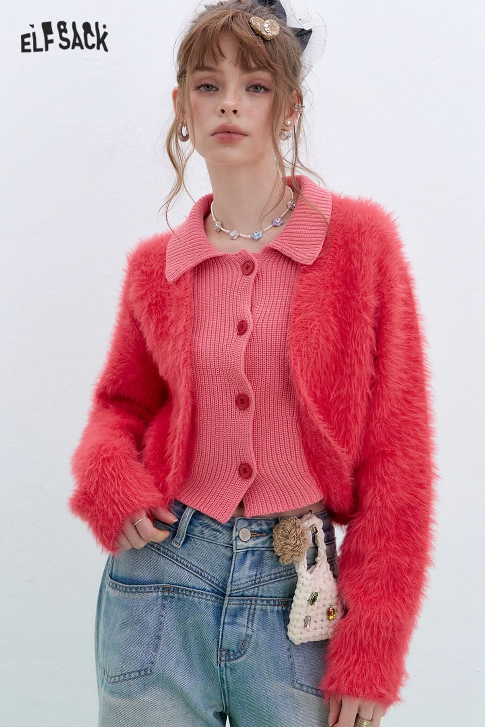 ELFSACK Y2K Plush stitching fake two-piece sweater red lapel short top