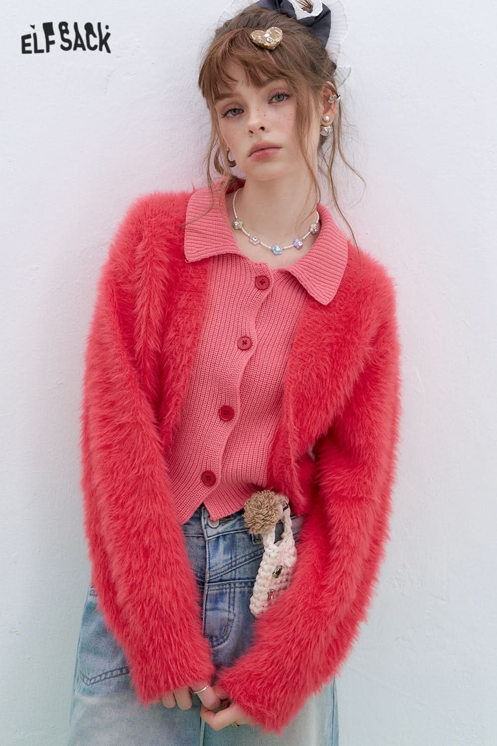 ELFSACK Y2K Plush stitching fake two-piece sweater red lapel short top