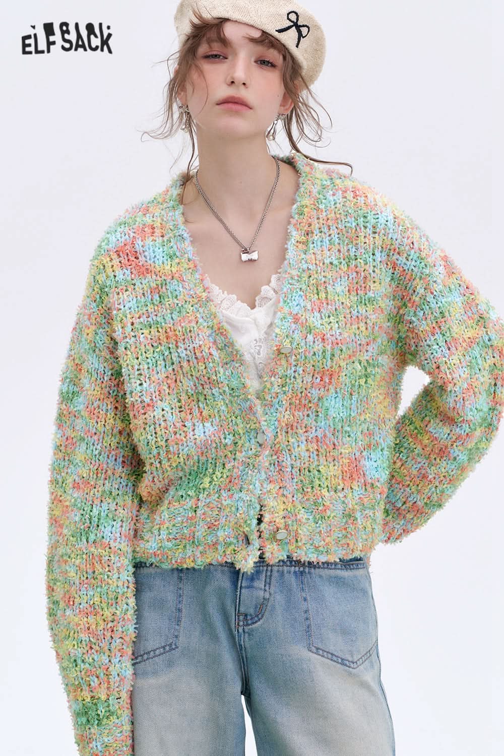 ELFSACK Y2K Furry Colorful Dot Loose Sweater Women V-Neck Pearl Button Knitted Cardigan