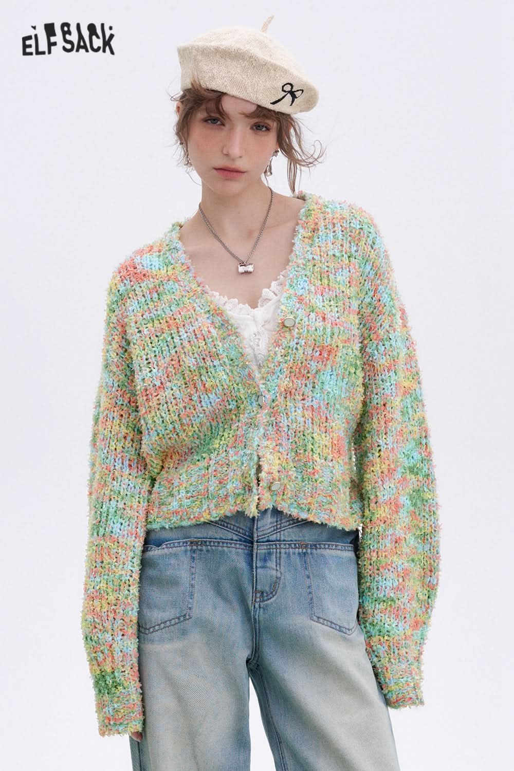 ELFSACK Y2K Furry Colorful Dot Loose Sweater Women V-Neck Pearl Button Knitted Cardigan