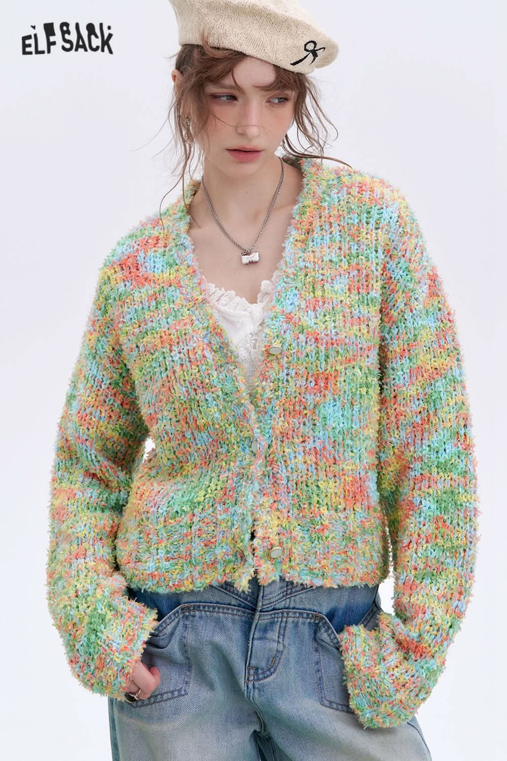 ELFSACK Y2K Furry Colorful Dot Loose Sweater Women V-Neck Pearl Button Knitted Cardigan