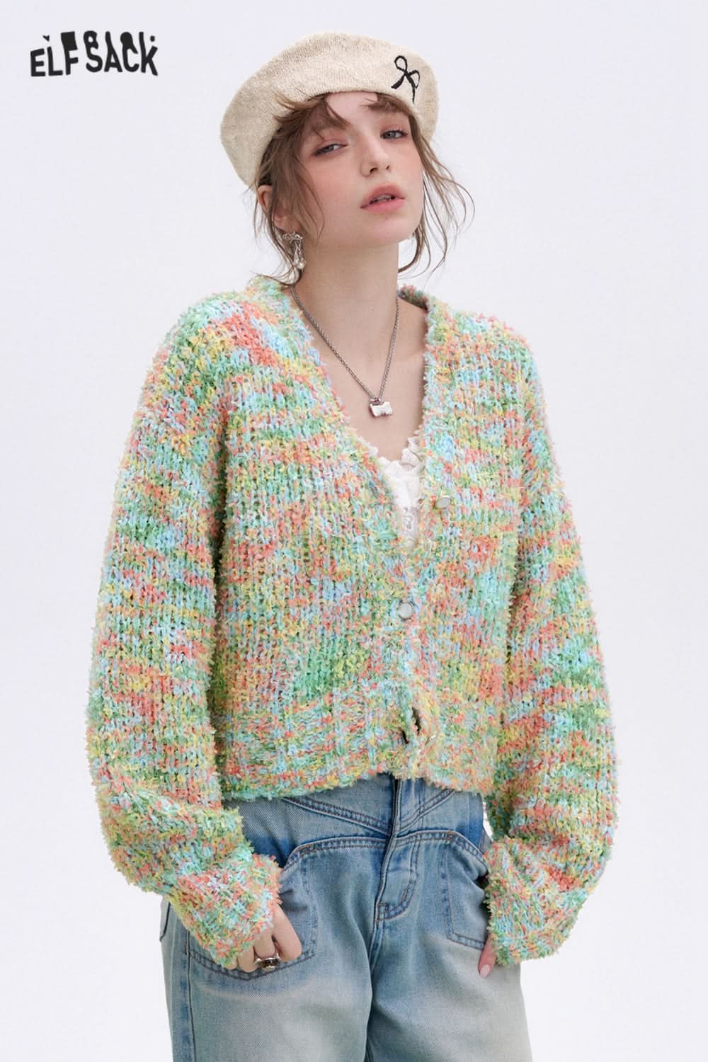 ELFSACK Y2K Furry Colorful Dot Loose Sweater Women V-Neck Pearl Button Knitted Cardigan