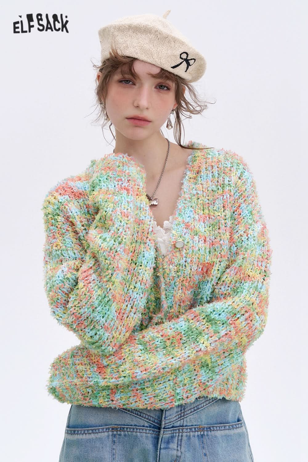 ELFSACK Y2K Furry Colorful Dot Loose Sweater Women V-Neck Pearl Button Knitted Cardigan