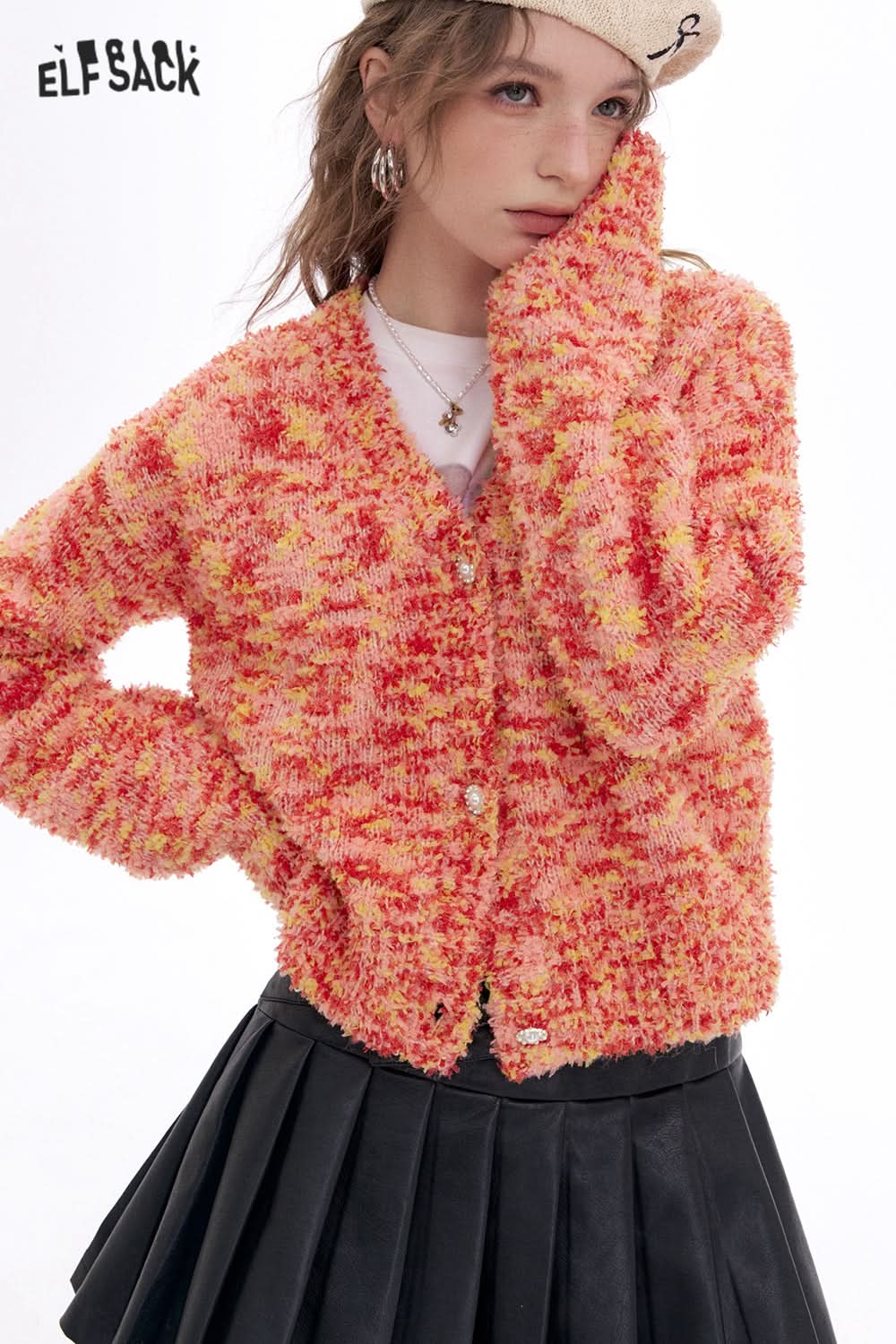 ELFSACK Y2K Furry Colorful Dot Loose Sweater Women V-Neck Pearl Button Knitted Cardigan