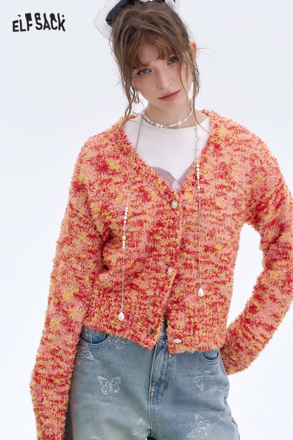 ELFSACK Y2K Furry Colorful Dot Loose Sweater Women V-Neck Pearl Button Knitted Cardigan