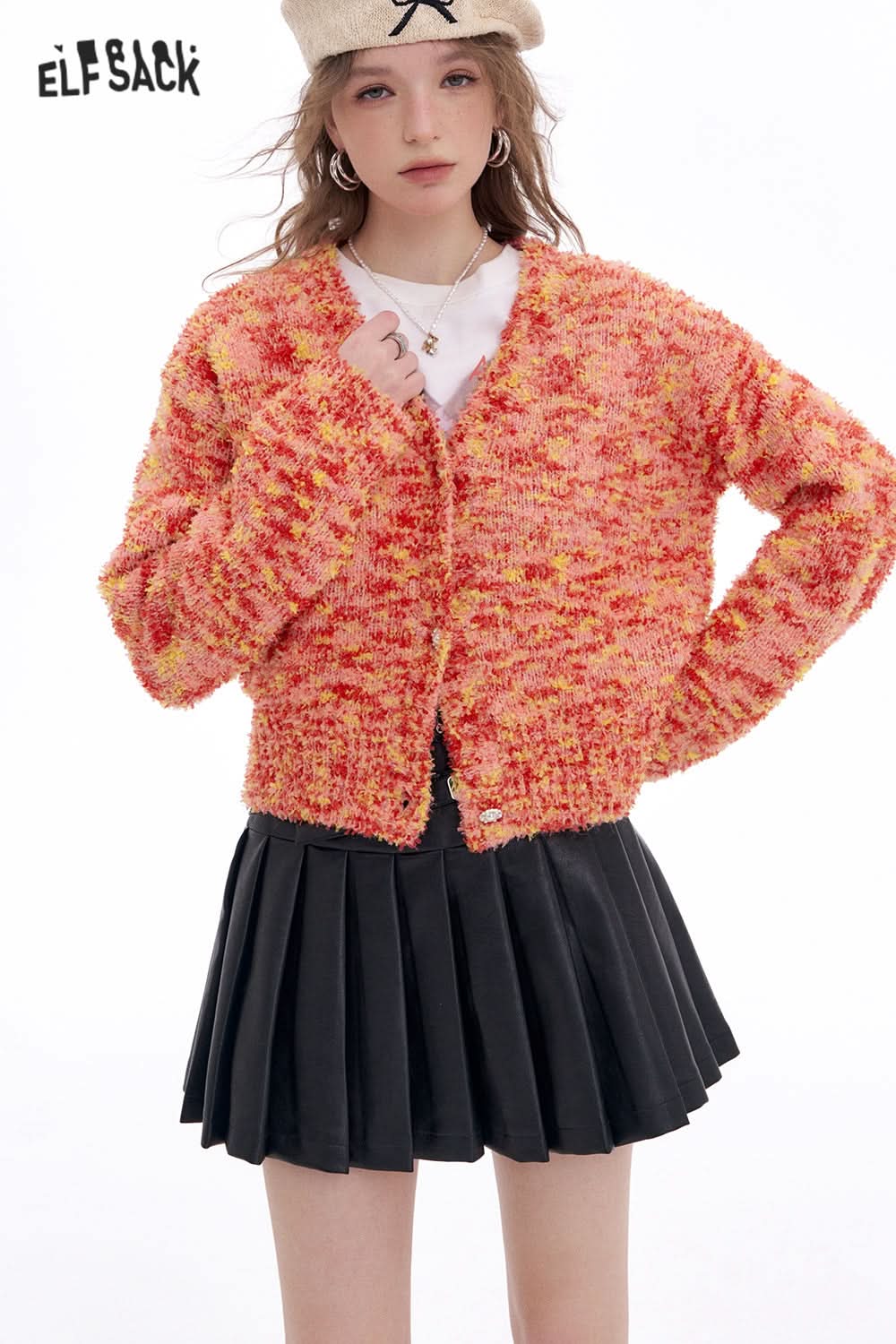 ELFSACK Y2K Furry Colorful Dot Loose Sweater Women V-Neck Pearl Button Knitted Cardigan