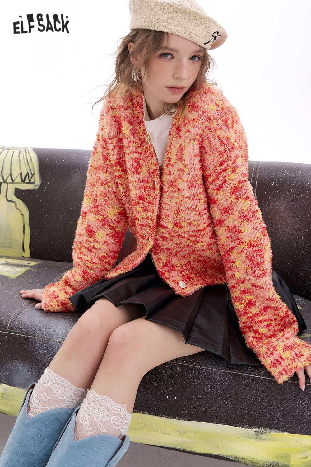 ELFSACK Y2K Furry Colorful Dot Loose Sweater Women V-Neck Pearl Button Knitted Cardigan